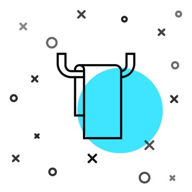 Beyaz arka planda izole edilmiş bir askı simgesinde siyah çizgi havlusu. Banyo havlusu ikonu. Rastgele dinamik şekiller. Vektör İllüstrasyonu.