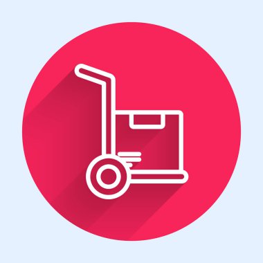 Beyaz çizgili el arabası ve uzun gölgeli kutu simgesi. Dolly sembolü. Kırmızı daire düğmesi. Vektör İllüstrasyonu.