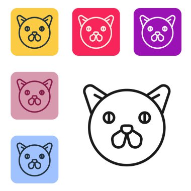 Siyah çizgi kedi simgesi beyaz arkaplanda izole edildi. Hayvan sembolü. Renkli kare düğmelerle simgeleri ayarla. Vektör.