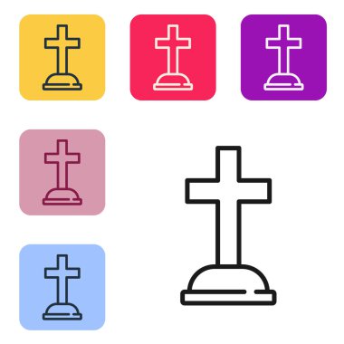 Beyaz arka planda çapraz simgesi olan siyah çizgi Tombstone. Mezar ikonu. Renkli kare düğmelerle simgeleri ayarla. Vektör.