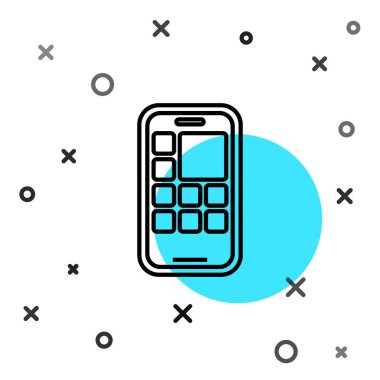 Siyah çizgi Mobil Uygulamalar simgesi beyaz arkaplanda izole edildi. Ekran simgeli akıllı telefon, uygulamalar. Cep telefonu ekranı görünüyor. Rastgele dinamik şekiller. Vektör.