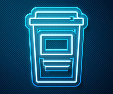 Parlayan neon hattı mavi arka planda izole edilmiş bir kahve fincanı. Vektör.