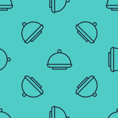 Yeşil arka planda izole edilmiş bir tepsi yiyecek ikonu ile kaplı siyah çizgi. Tepsi ve kapak işareti. Kapaklı bir restoran saati. Vektör.