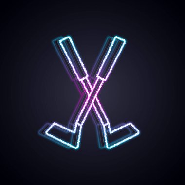 Parlayan neon hattı siyah arka planda izole edilmiş golf kulübü simgesini geçti. Vektör.