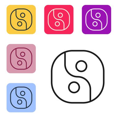 Beyaz arka planda izole edilmiş siyah çizgi Yin Yang uyum ve denge simgesi. Renkli kare düğmelerle simgeleri ayarla. Vektör.