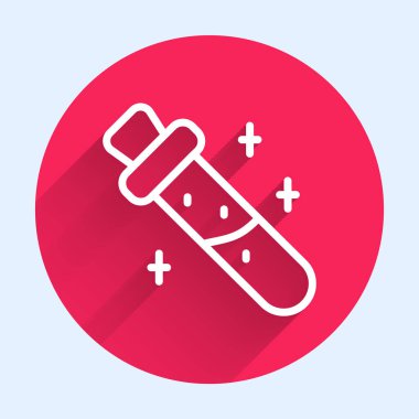 Uzun gölgeli ikon ikonlu beyaz çizgi şişesi. Sihirli iksirli matara. Kırmızı daire düğmesi. Vektör.