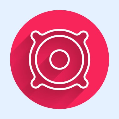 Beyaz çizgi Stereo hoparlör ikonu uzun gölgeli izole edildi. Ses sistemi hoparlörleri. Müzik ikonu. Müzikal sütun hoparlörü. Kırmızı daire düğmesi. Vektör.