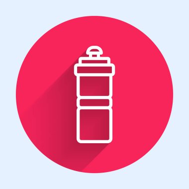 Uzun gölgeli, su ikonlu beyaz çizgi spor şişesi. Kırmızı daire düğmesi. Vektör.