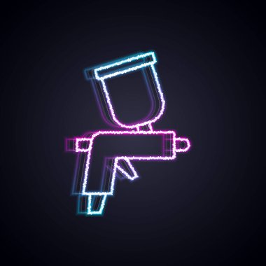 Parlak neon çizgili sprey tabanca ikonu siyah arkaplanda izole edildi. Vektör.