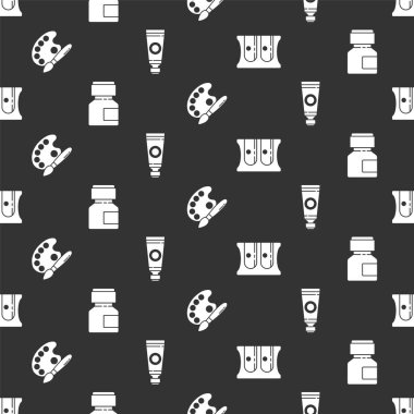 Kalem açacağını, boyayı, keçiyi, kavanozu, boyayı, paletli boya fırçasını ve pürüzsüz desenli tüp boyasını ayarla. Vektör.