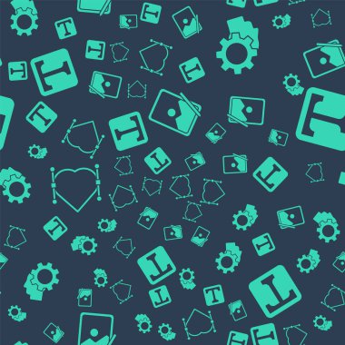 Grafik tableti, insan kafası ve içinde ekipman olan kalp, Bezier eğrisi ve metni kusursuz desen üzerine ayarla. Vektör.