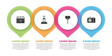 Takvimi kalp, aşık çift, lolipop ve fotoğraf makinesi ile ayarla. Ticari bilgi şablonu. Vektör.