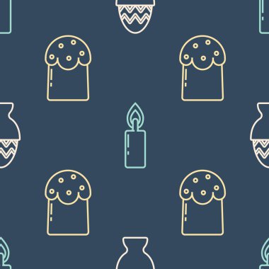 Kürsüye Paskalya yumurtası, paskalya pastası ve yanan mum koyun. Vektör.