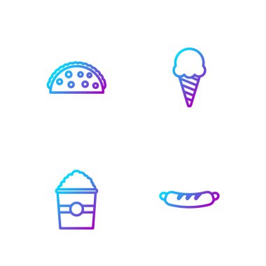 Hotdog sandviçi, kutuda patlamış mısır, tortilla ve dondurma külahlı taco. Renk simgeleri. Vektör.