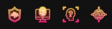 Hat yüz tanıma, kalkan sesi, parmak izi ve göz taramasıyla monitörü ayarla. Parlayan neon ikonu. Vektör.