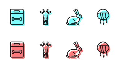 Çizgi Tavşan, Köpek Kemiği, Zürafa Kafa ve Denizanası ikonu. Vektör.