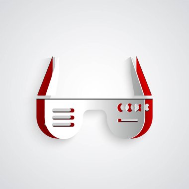 Kağıt kesiği. Gözlük üzerine yerleştirilmiş akıllı gözlükler. Gri arkaplanda izole edilmiş simge. Giyilebilir elektronik, akıllı gözlüklü, kameralı ve ekranlı. Kağıt sanatı tarzı. Vektör İllüstrasyonu.