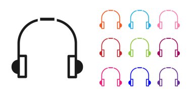 Siyah kulaklık simgesi beyaz arkaplanda izole edilmiş. Kulaklıklar. Müzik, hizmet, iletişim ve operatör konsepti. Simgeleri renklendirin. Vektör İllüstrasyonu.