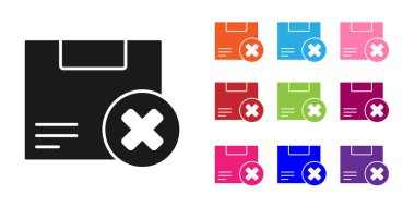 Siyah karton kutu ve beyaz arkaplanda izole edilmiş simgeyi sil. Kutu, paket, paket işareti. Teslimat ve ambalaj. Simgeleri renklendirin. Vektör İllüstrasyonu.