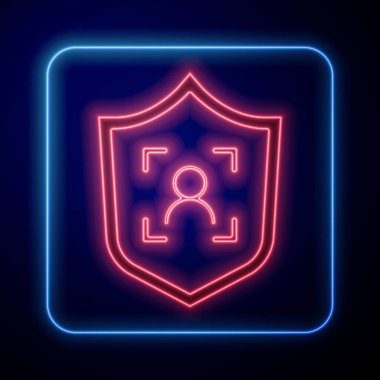 Parlayan neon kalkanı yüz tanıma simgesi mavi arkaplanda izole edildi. Yüz tanımlama simgesi. Yüz tanıma. Siber güvenlik kavramı. Vektör.