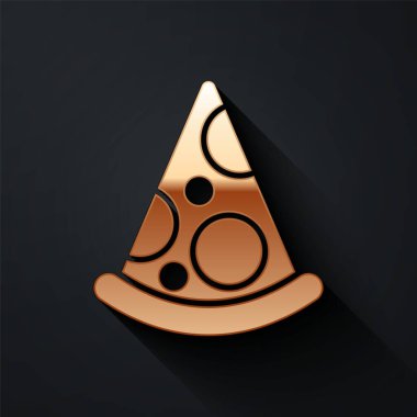 Siyah arka planda izole edilmiş altın dilim pizza ikonu. Fast food menüsü. Uzun gölge tarzı. Vektör.