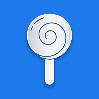 Kağıt kesiği, mavi arkaplanda izole edilmiş lolipop simgesi. Yemek, lezzetli bir sembol. Kağıt sanatı tarzı. Vektör.