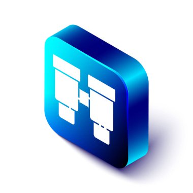 Beyaz arkaplanda izole edilmiş Isometric Dürbün simgesi. Yazılım işareti bul. Casus ekipman sembolü. Mavi kare düğme. Vektör.