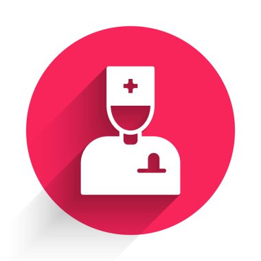 Beyaz erkek doktor ikonu uzun gölgeli izole edilmiş. Kırmızı daire düğmesi. Vektör.