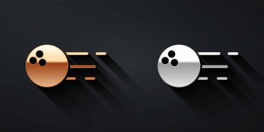 Siyah arkaplanda altın ve gümüş bowling topu ikonu var. Spor malzemeleri. Uzun gölge tarzı. Vektör.