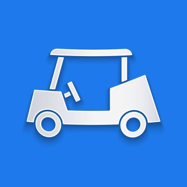 Kağıt kesiği Golf arabası simgesi mavi arka planda izole edilmiş. Golf arabası. Kağıt sanatı tarzı. Vektör.