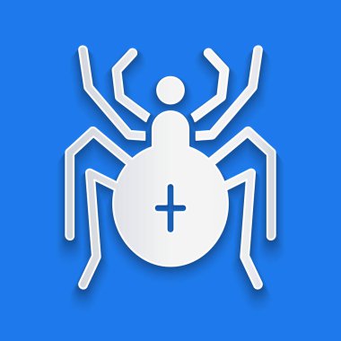 Kağıt kesiği, mavi arka planda izole edilmiş Örümcek simgesi. Mutlu Cadılar Bayramı Partisi. Kağıt sanatı tarzı. Vektör.