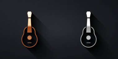 Siyah arkaplanda altın ve gümüş gitar ikonu var. Akustik gitar. Telli müzik aleti. Uzun gölge tarzı. Vektör.