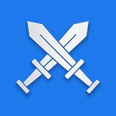 Kağıt kesiği Orta Çağ kılıç simgesi mavi arka planda izole edilmiş. Ortaçağ silahı. Kağıt sanatı tarzı. Vektör.