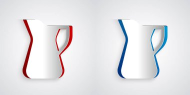 Kağıt kesiği, gri arka planda izole edilmiş zeytin yağı ikonu şişesi. Zeytinyağı ikonlu sürahi. Kağıt sanatı tarzı. Vektör.