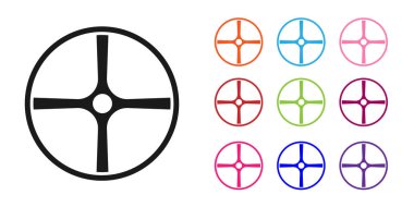 Beyaz arka planda siyah bisiklet tekerleği simgesi izole edildi. Bisiklet yarışı. Olağanüstü bir spor. Spor malzemeleri. Simgeleri renklendirin. Vektör.