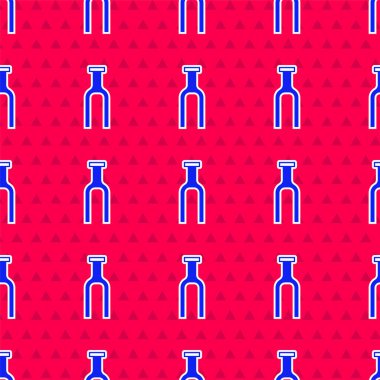 Kırmızı arkaplanda mavi bisiklet süspansiyon çatal simgesi izole edilmiş. Spor ulaşımı yedek parça direksiyon. Vektör.