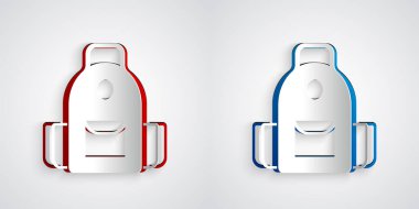 Kağıt kesiği okul sırt çantası simgesi gri arkaplanda izole edildi. Kağıt sanatı tarzı. Vektör.