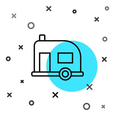 Siyah çizgi Rv Kamp karavanı simgesi beyaz arkaplanda izole edildi. Gezici ev, karavan, yolculuk için ev karavanı. Rastgele dinamik şekiller. Vektör İllüstrasyonu.