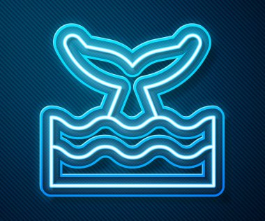 Okyanus dalgası ikonunda parlayan neon hattı Balina kuyruğu mavi arka planda izole edildi. Vektör.