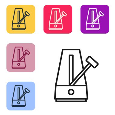 Beyaz arkaplanda izole edilmiş hareket simgesi olan siyah çizgi Klasik Metronomu. Müzik ve ritim mekanizması. Renkli kare düğmelerle simgeleri ayarla. Vektör.