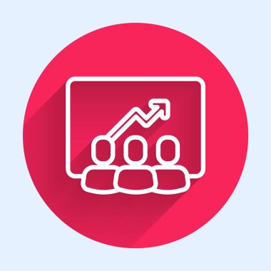 Beyaz çizgi Proje ekibi üs simgesi uzun gölgeli izole edildi. İş analizi ve planlama, danışmanlık, takım çalışması, proje yönetimi. Kırmızı daire düğmesi. Vektör.