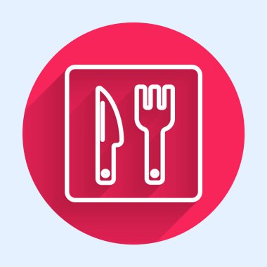 Beyaz çizgili kafe ve restoran konumu ikonu uzun gölgeli izole edilmiş. Noktanın içinde çatal ve kaşık yeme işareti var. Kırmızı daire düğmesi. Vektör..