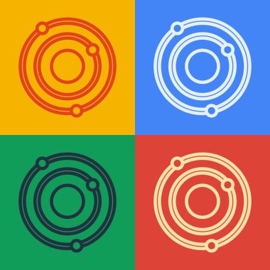 Pop sanat çizgisi güneş sistemi simgesi renk arkaplanında izole edildi. Gezegenler yıldızın etrafında dönerler. Vektör.