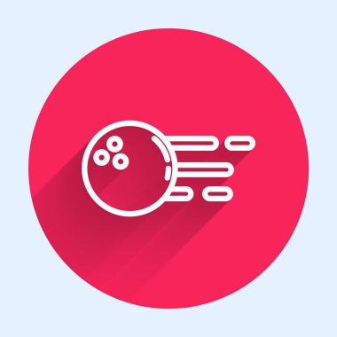 Beyaz çizgi bowling topu ikonu uzun gölgeli izole edilmiş. Spor malzemeleri. Kırmızı daire düğmesi. Vektör.