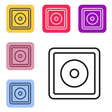 Beyaz arkaplanda siyah çizgi bilardo ikonu izole edildi. Bilardo ıstakası için tebeşir bloğu. Renkli kare düğmelerle simgeleri ayarla. Vektör.