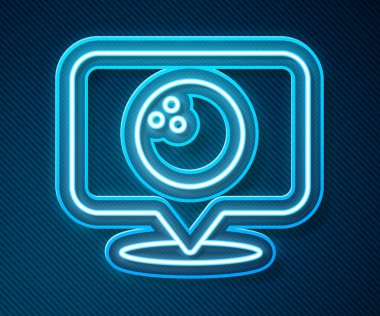 Mavi arka planda izole edilmiş bowling topu ikonu olan parlak neon çizgili harita işaretçisi. Spor malzemeleri. Vektör.