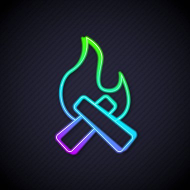 Parlayan neon hattı Kamp Ateşi simgesi siyah arka planda izole edildi. Odunla yanan şenlik ateşi. Vektör.