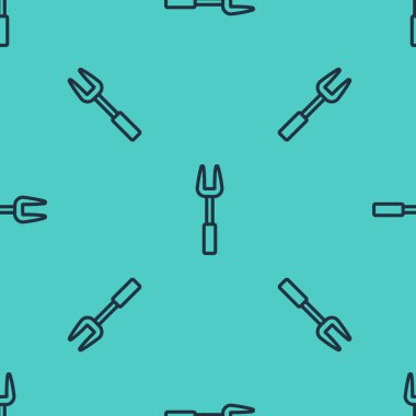 Siyah çizgi barbekü çatal simgesi yeşil arka planda izole edilmiş kusursuz desen. Mangal çatalı tabelası. Barbekü ve ızgara aleti. Vektör.