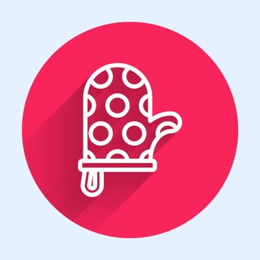 Uzun gölgeli beyaz çizgi fırın eldiveni ikonu. Mutfak tutacağı işareti. Yemek eldiveni. Kırmızı daire düğmesi. Vektör.