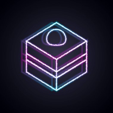 Parlak neon çizgisi Brownie çikolatalı kek ikonu siyah arka planda izole edilmiş. Vektör.